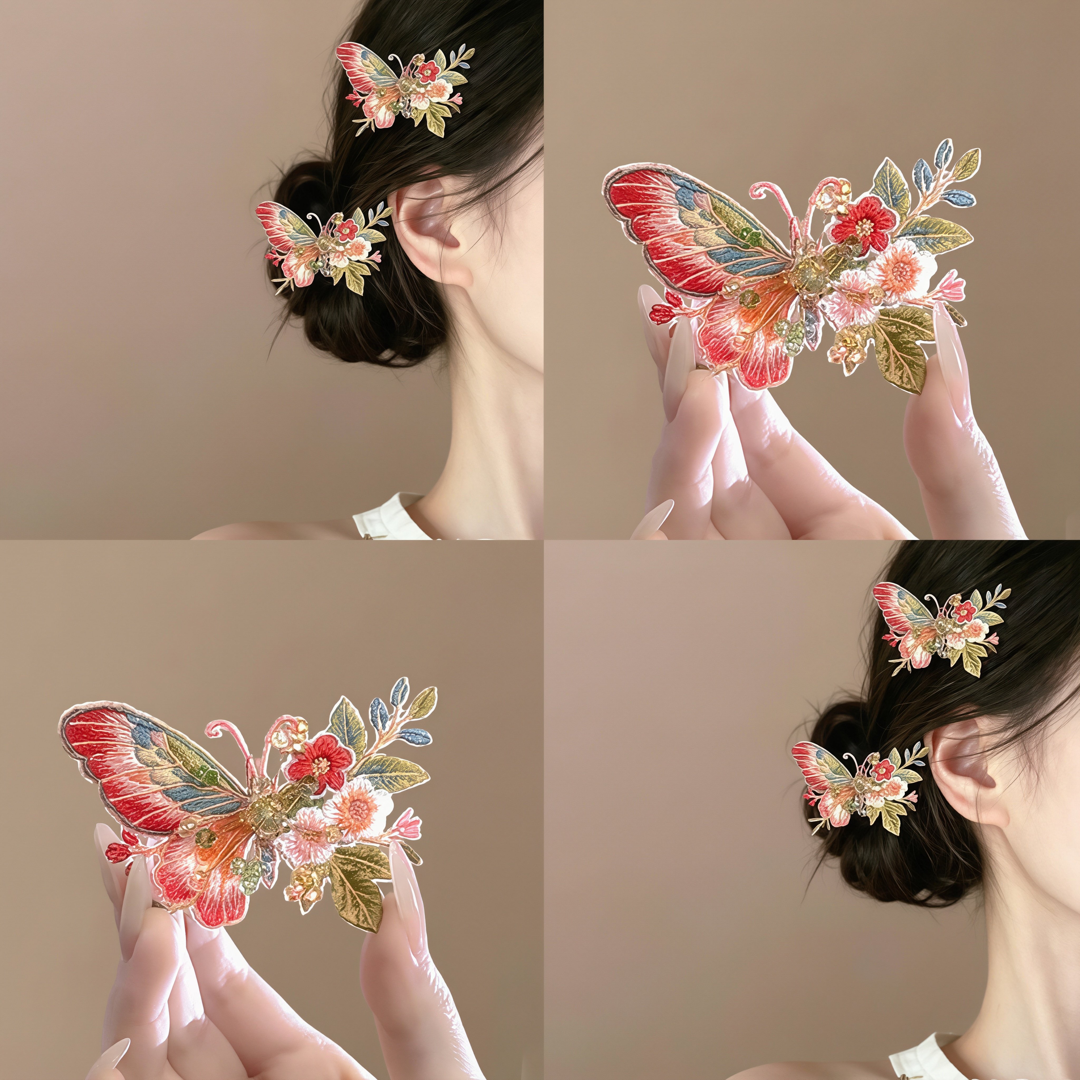 新中式美学丨粉色刺绣蝴蝶~发夹
