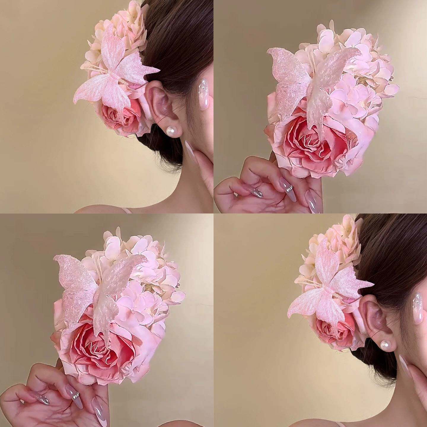 「花栖浅棠」粉色蝴蝶花朵鸭嘴夹