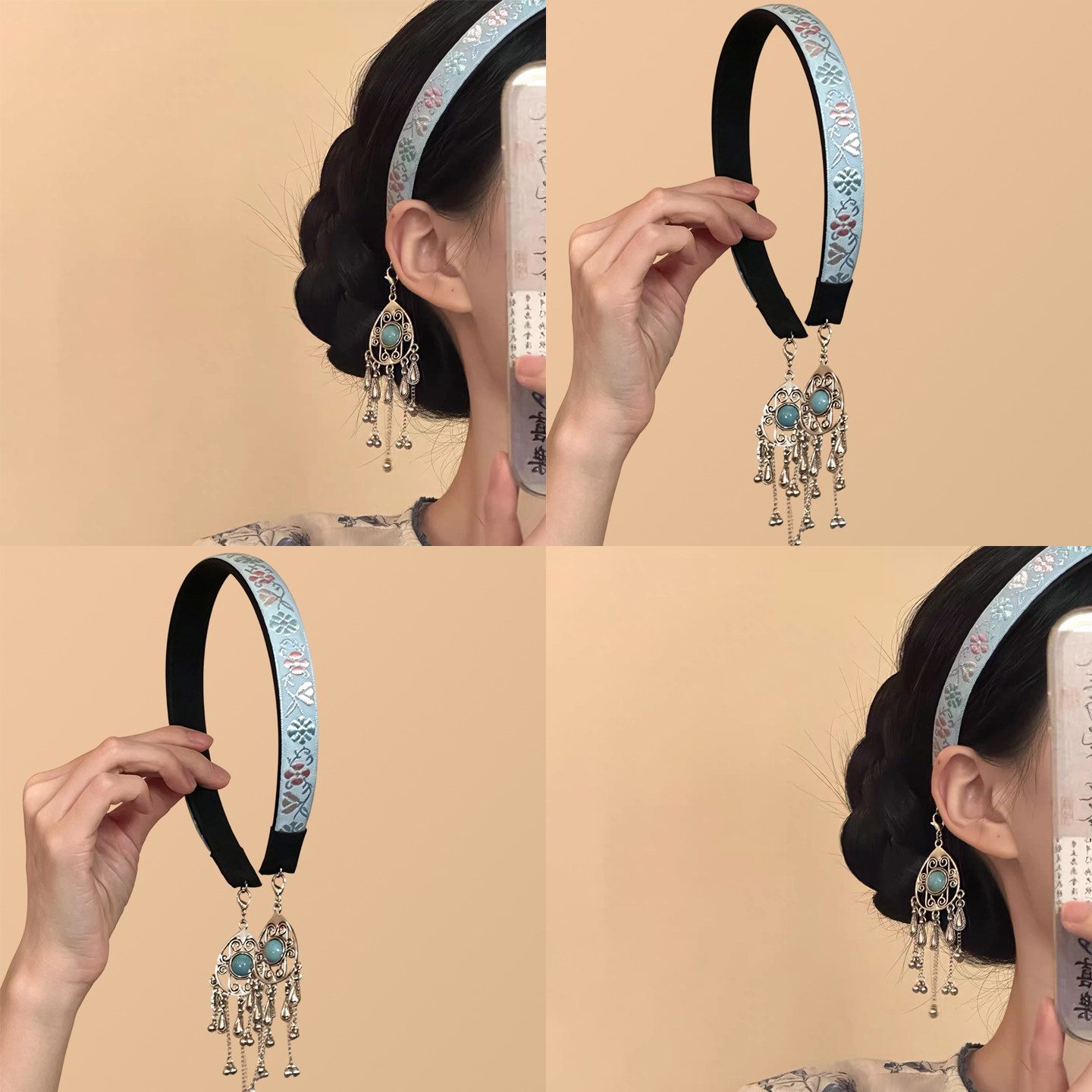 格诺香朵~民族风蓝缎面印花发箍