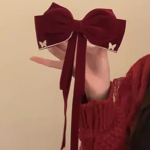 气质大小姐！新年酒红发夹！敬酒服红色蝴蝶结发饰丝绒发夹后脑勺