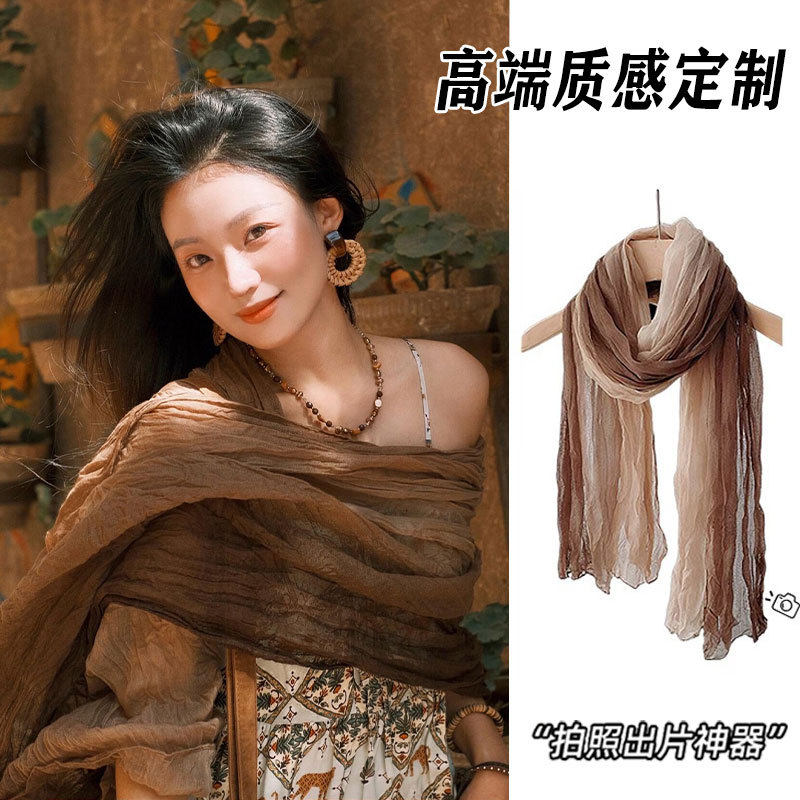 复古废土风褶皱棉麻丝巾新疆大西北旅游穿搭颈饰民族风披肩围脖女