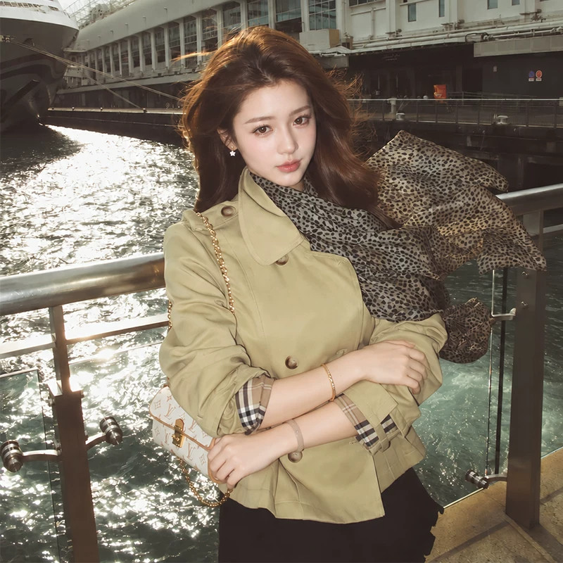 轻奢老钱风浅咖豹纹纱巾丝巾美式