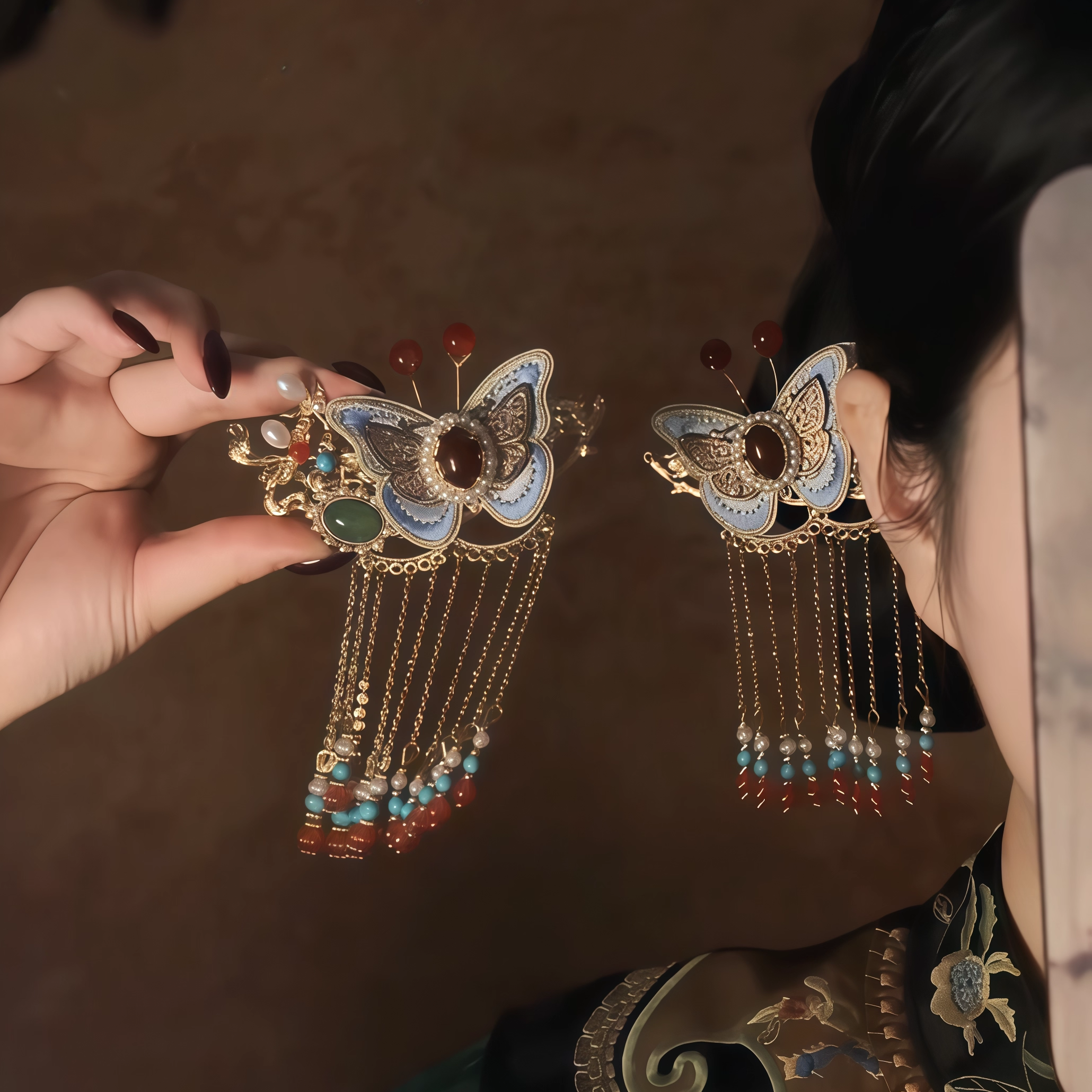 「霞翎」国风刺绣蝴蝶流苏发夹