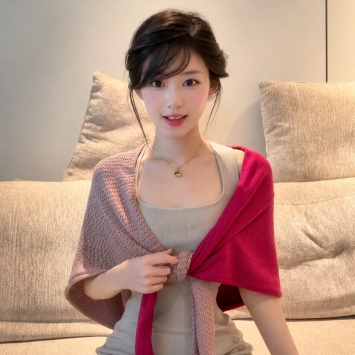 纯欲风玫粉拼色针织三角巾外搭