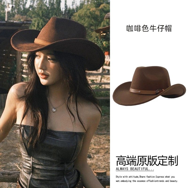 复古英伦风爵士礼帽翘檐帽子高级感大帽檐西部牛仔帽绅士帽骑士帽