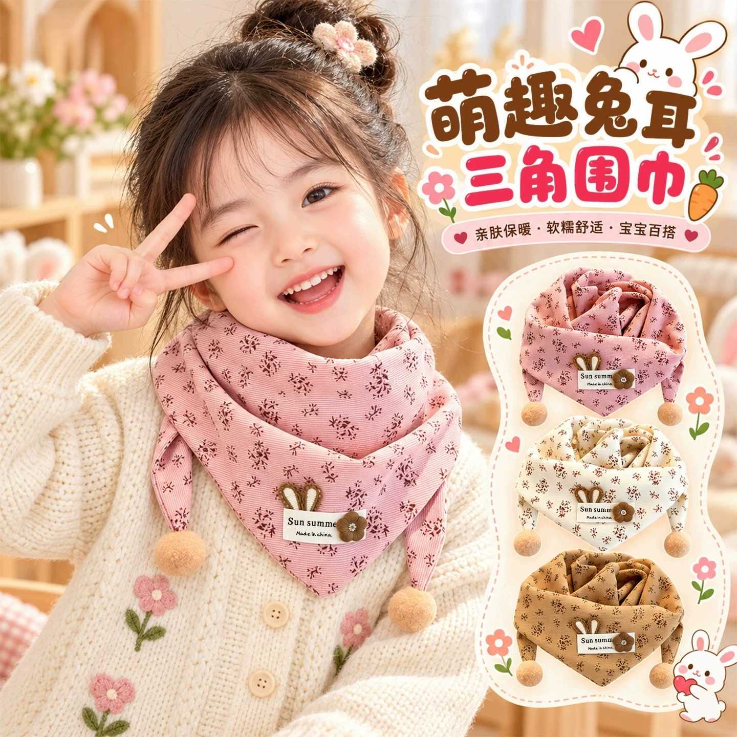 甜美可爱女童粉色兔耳朵花朵围巾