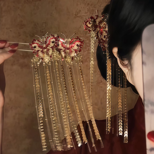同心蝶｜金属蝴蝶新娘流苏发钗