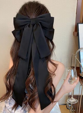 长发及腰~黑色大蝴蝶结飘带发夹女高级感后脑勺头饰顶夹ins韩系风