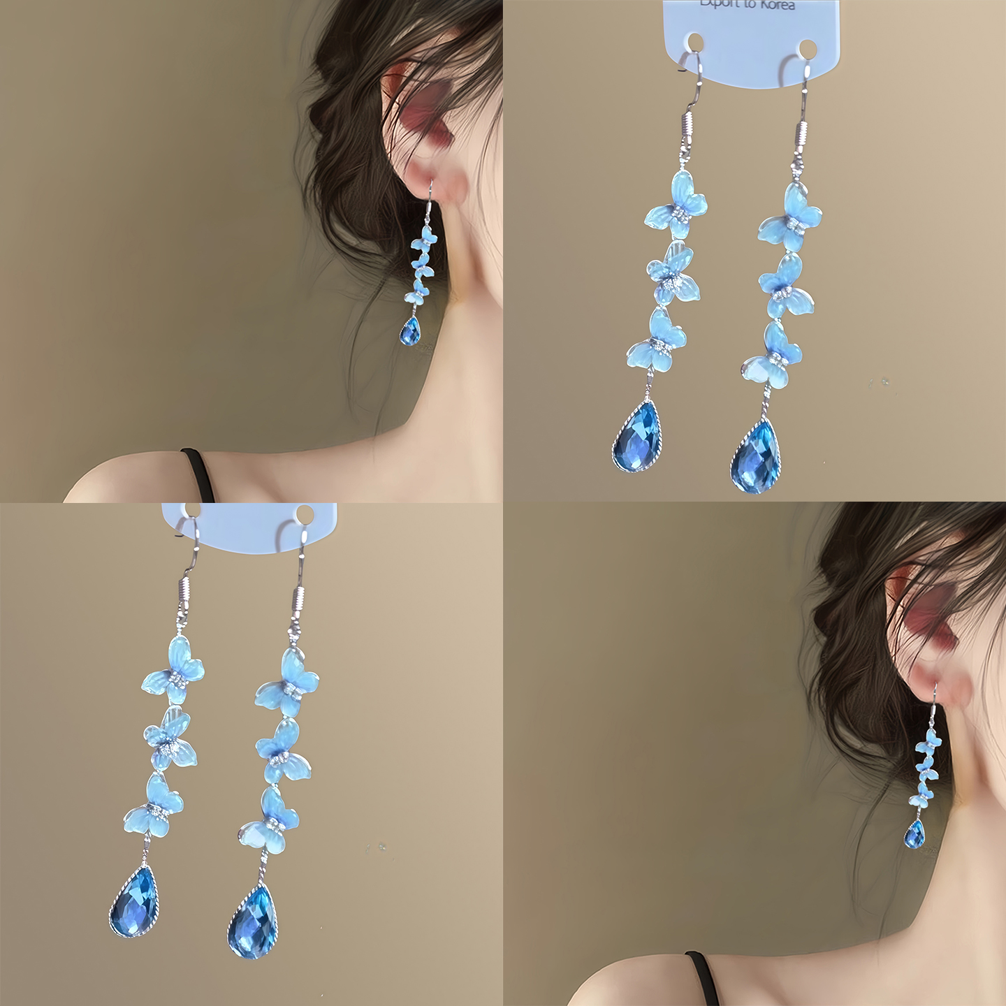 清冷感藍色蝴蝶水滴吊墜耳環