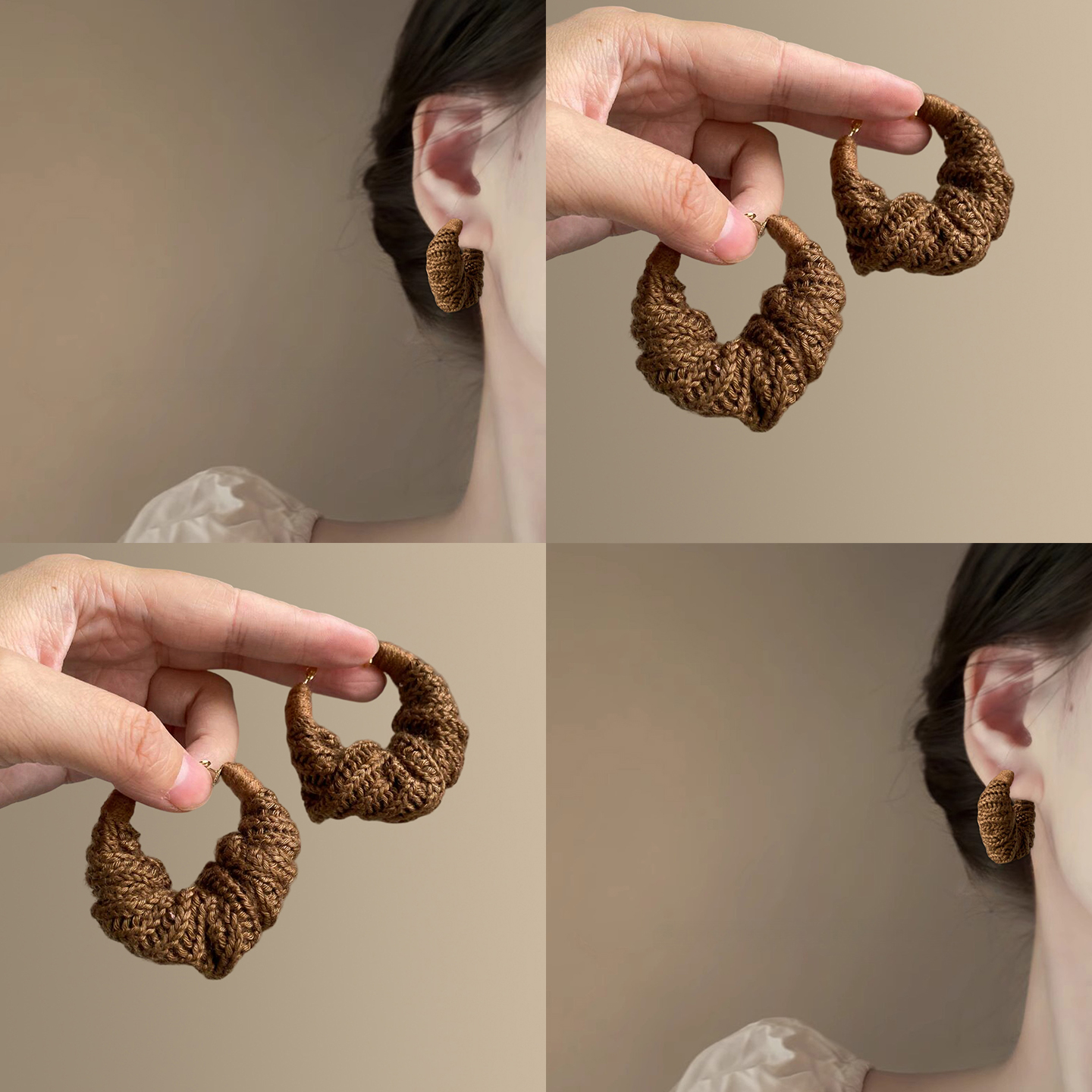贝果松栗~适合秋冬棕色针织耳环
