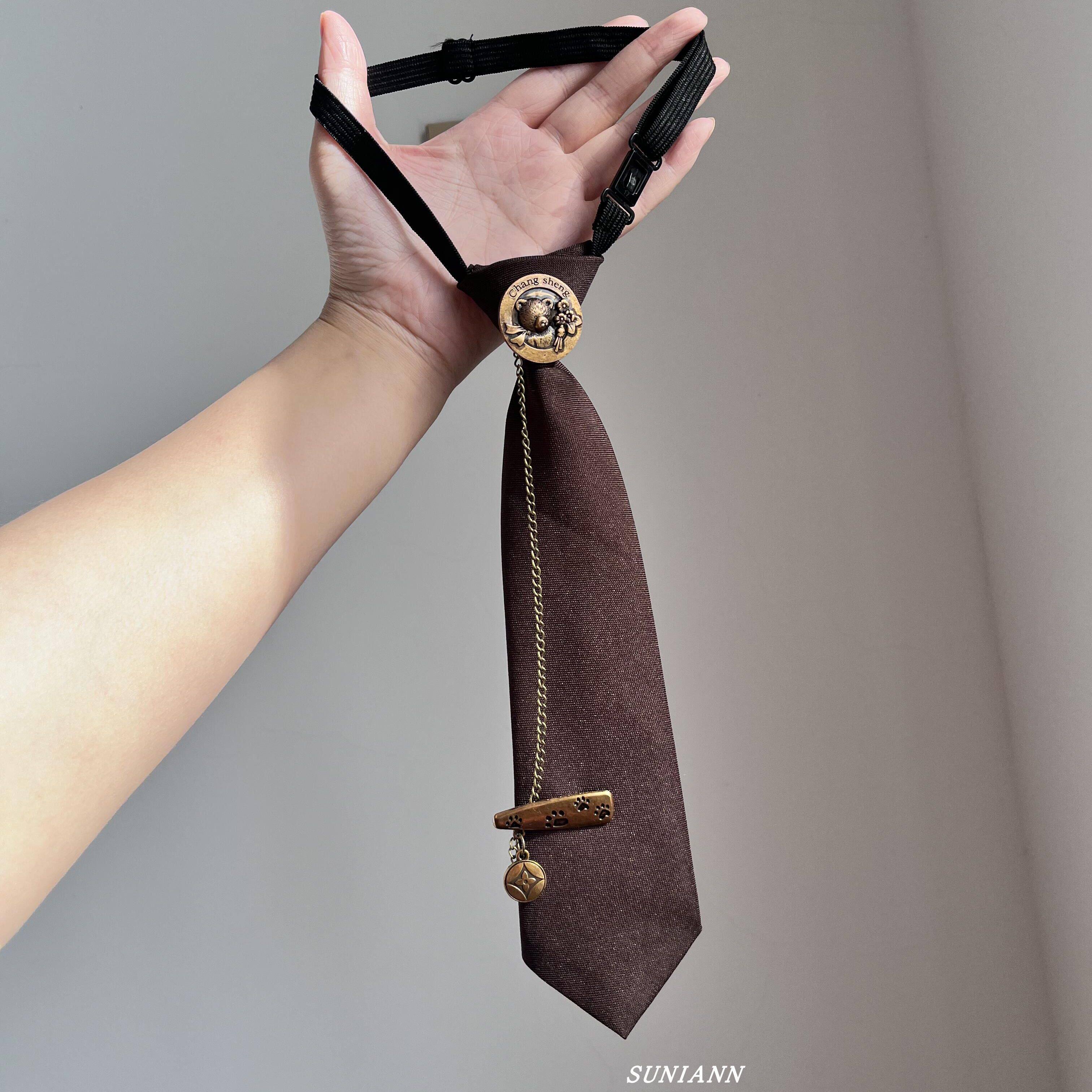 中古vintage咖色小熊挂链领带女学院风百搭免打领带小众衬衫配饰