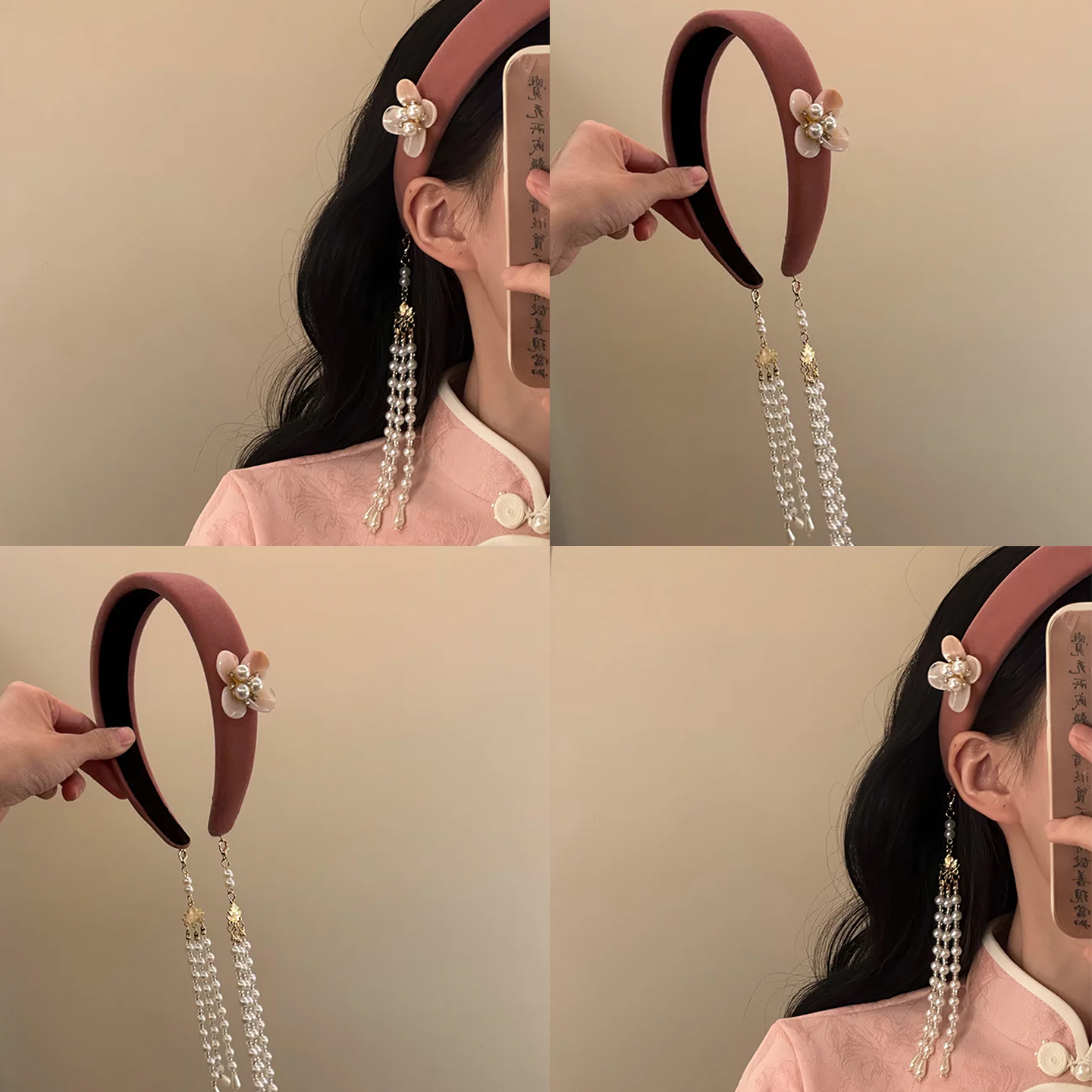 「绯春弦」粉色花朵珍珠流苏发箍