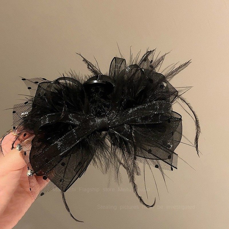 黑色羽毛抓夾蝴蝶結頭飾高級感