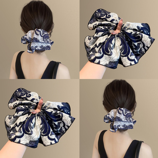 青鸾图腾~藏青色印花大肠发圈2026新品气质女扎马尾头绳洋气发饰