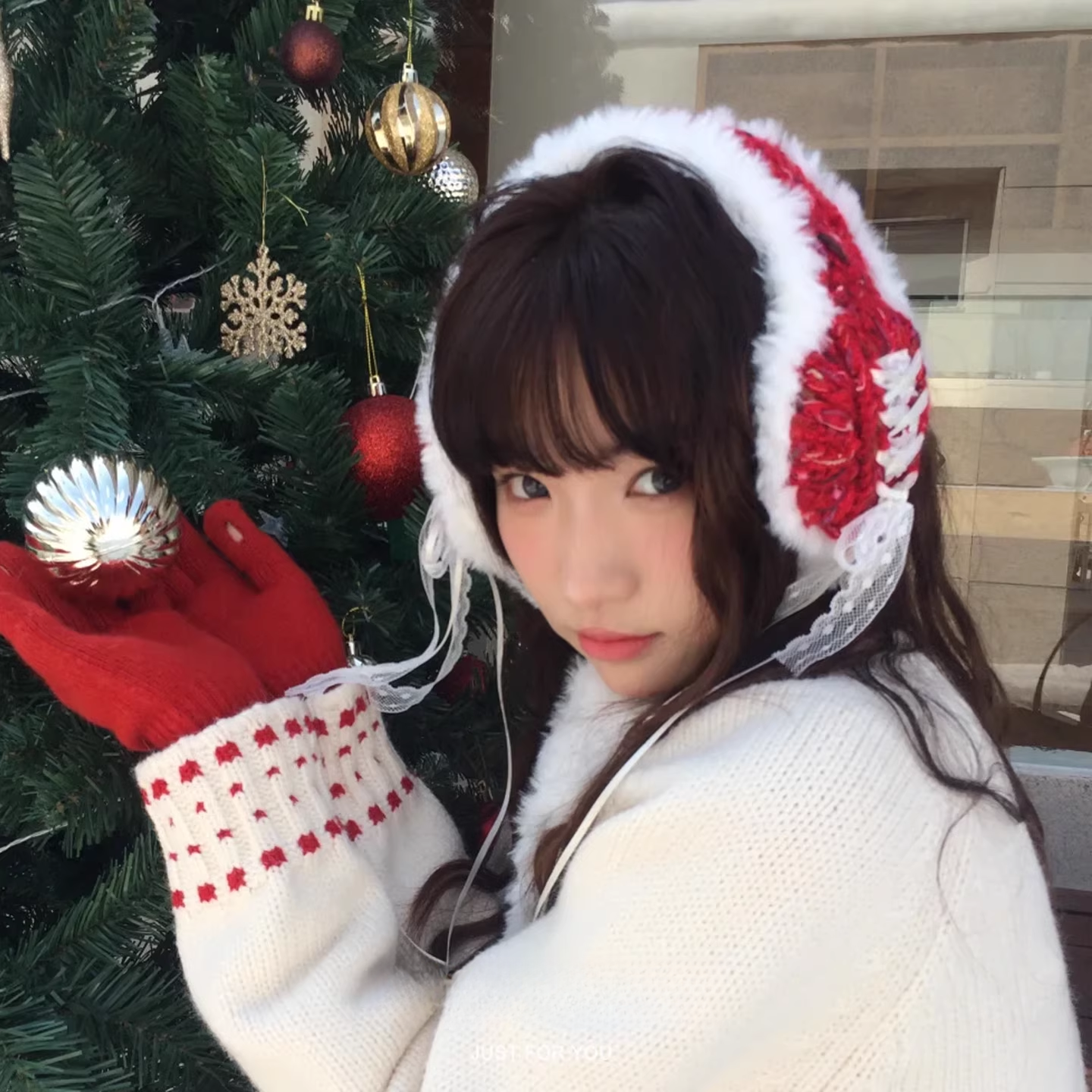 氛围感蕾丝蝴蝶结针织毛边耳罩2025新款冬季圣诞可爱保暖护耳耳套