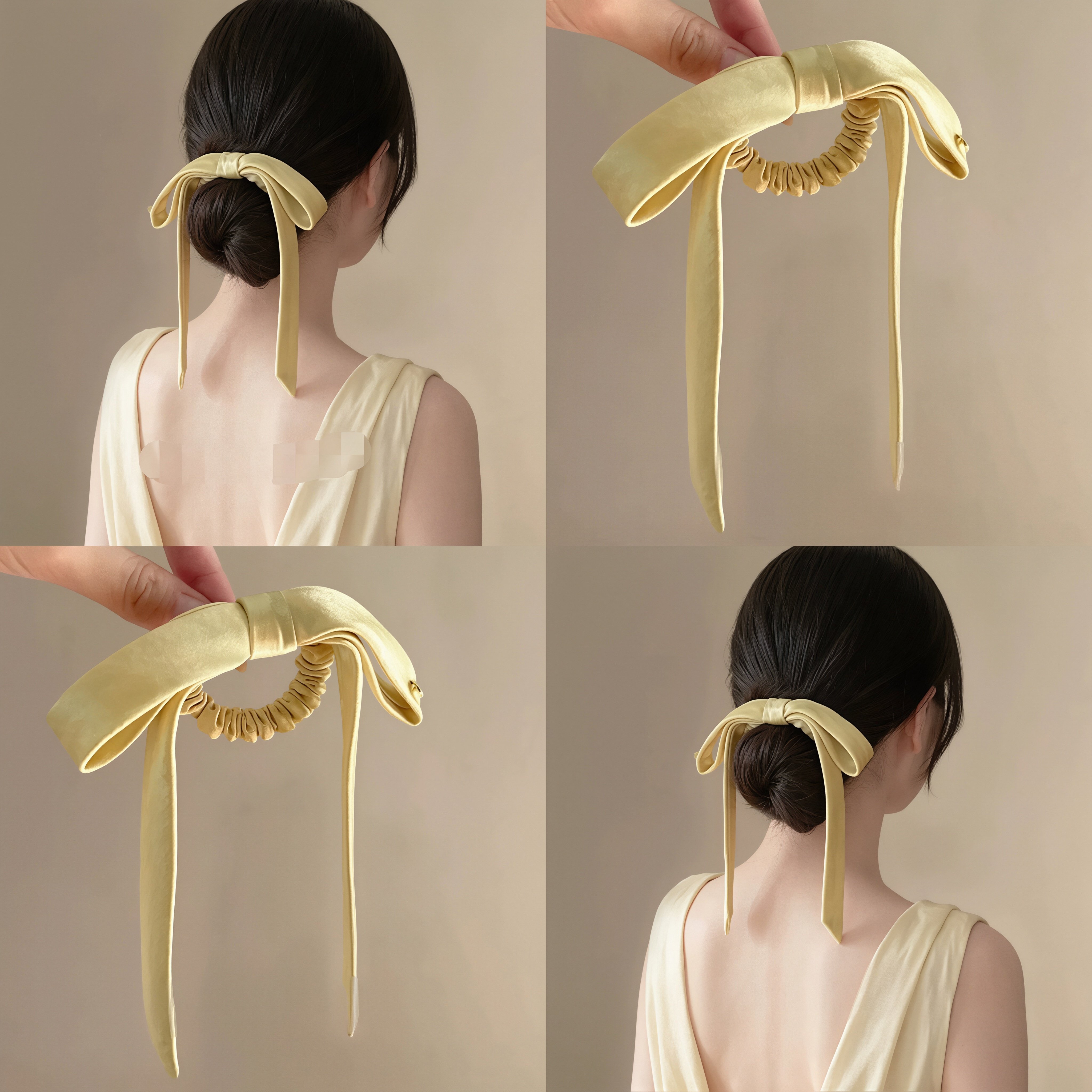 奶油小黄~明媚黄缎面蝴蝶结发圈