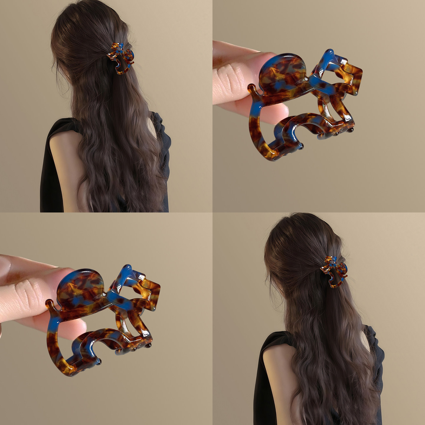 蓝彼琥珀~豹纹醋酸小狗抓夹高级感复古鲨鱼夹高马尾半扎发旅行夹