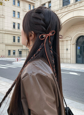 y2k双马尾麂皮绒发夹美拉德蝴蝶结飘带鸭嘴夹甜美新款编发发饰女