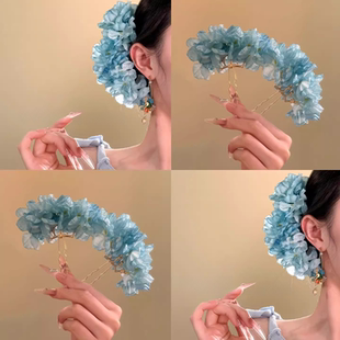 「蓝桉樱花」新中式 蓝色花朵发簪超仙氛围感侧边盘发簪子汉服头饰