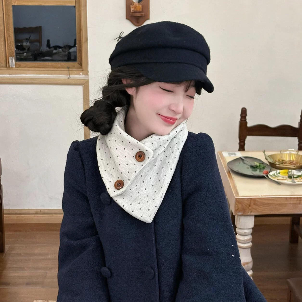 日系奈奈风可爱波点纽扣保暖围脖