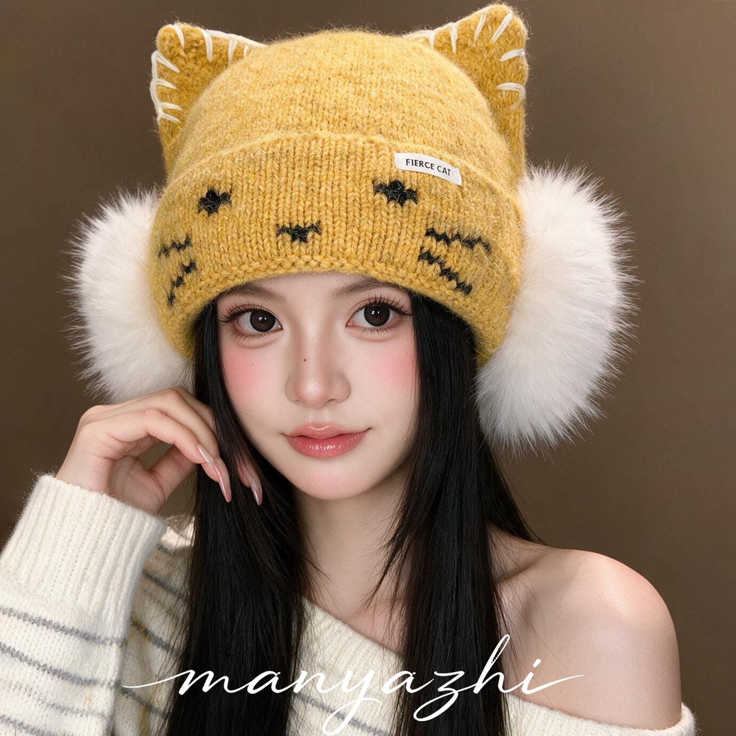 可爱黄色猫耳朵针织毛线帽耳罩