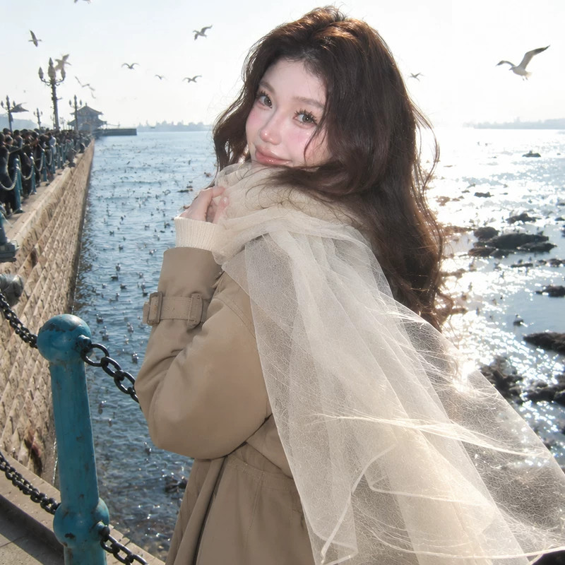 清冷氛围感薄纱金丝双层纱巾女