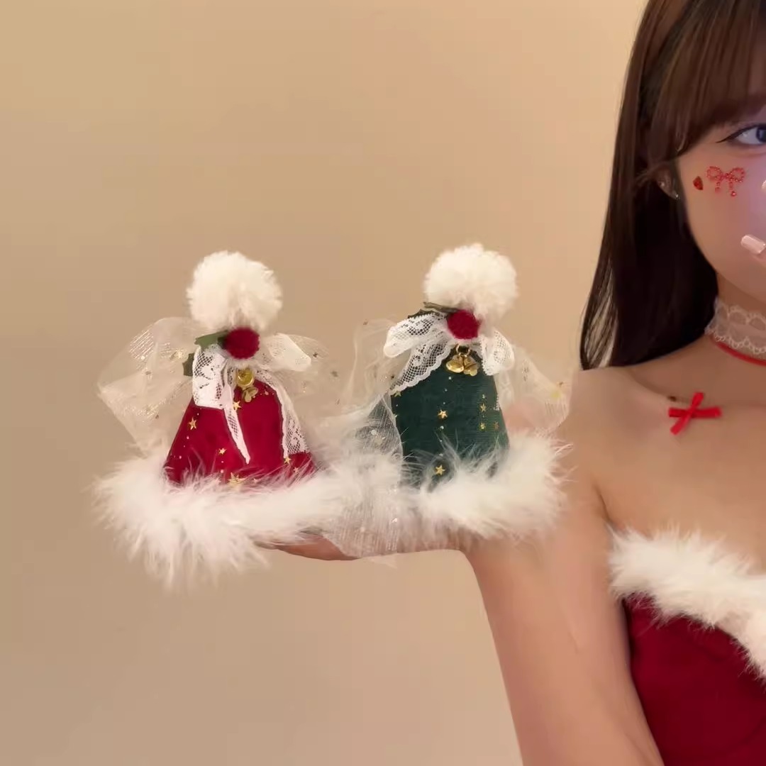 圣诞蝴蝶结毛绒帽子发夹拍照装饰