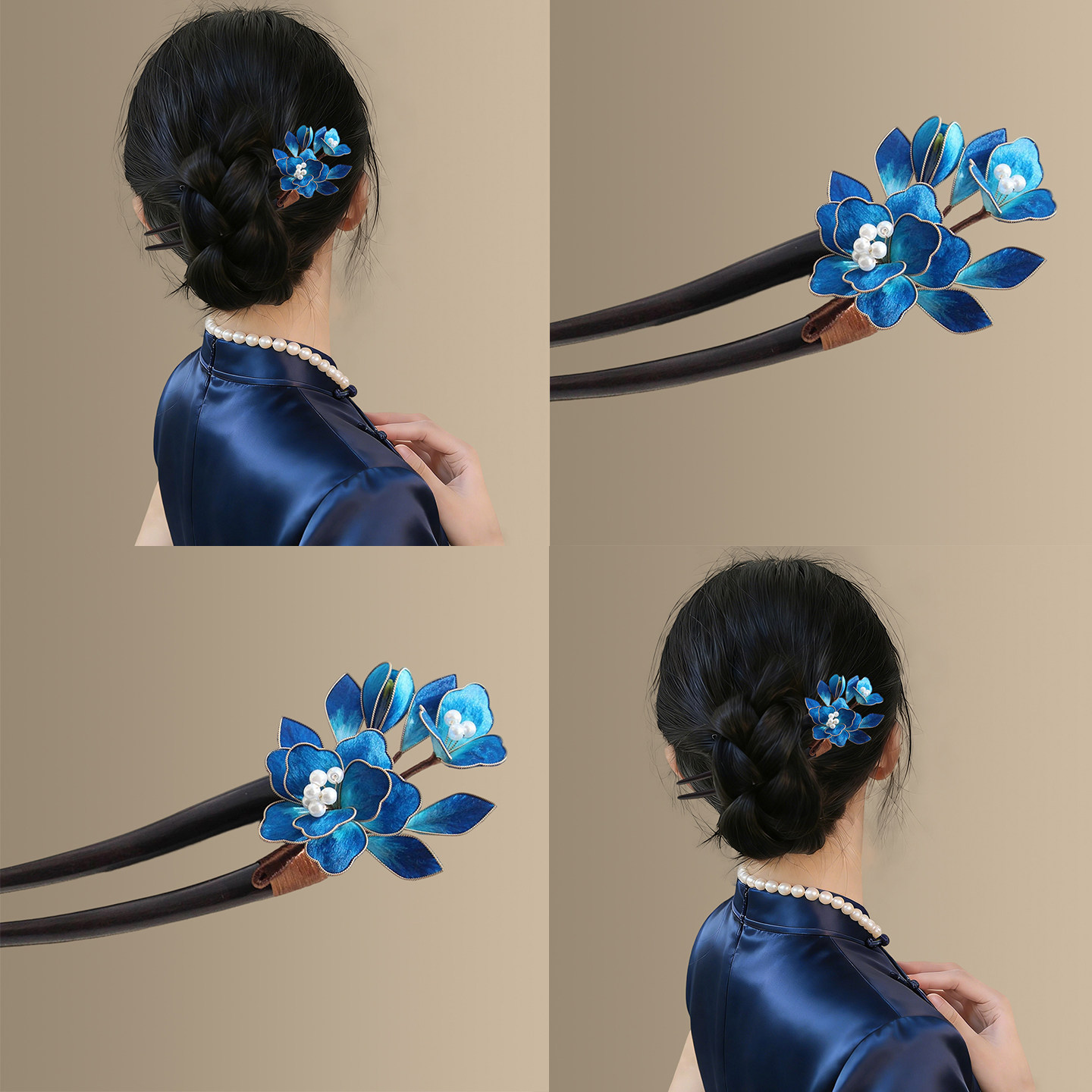 霓裳未央｜非遗掐丝绒花檀木发簪u钗国风新中式蓝色檀木簪子盘发