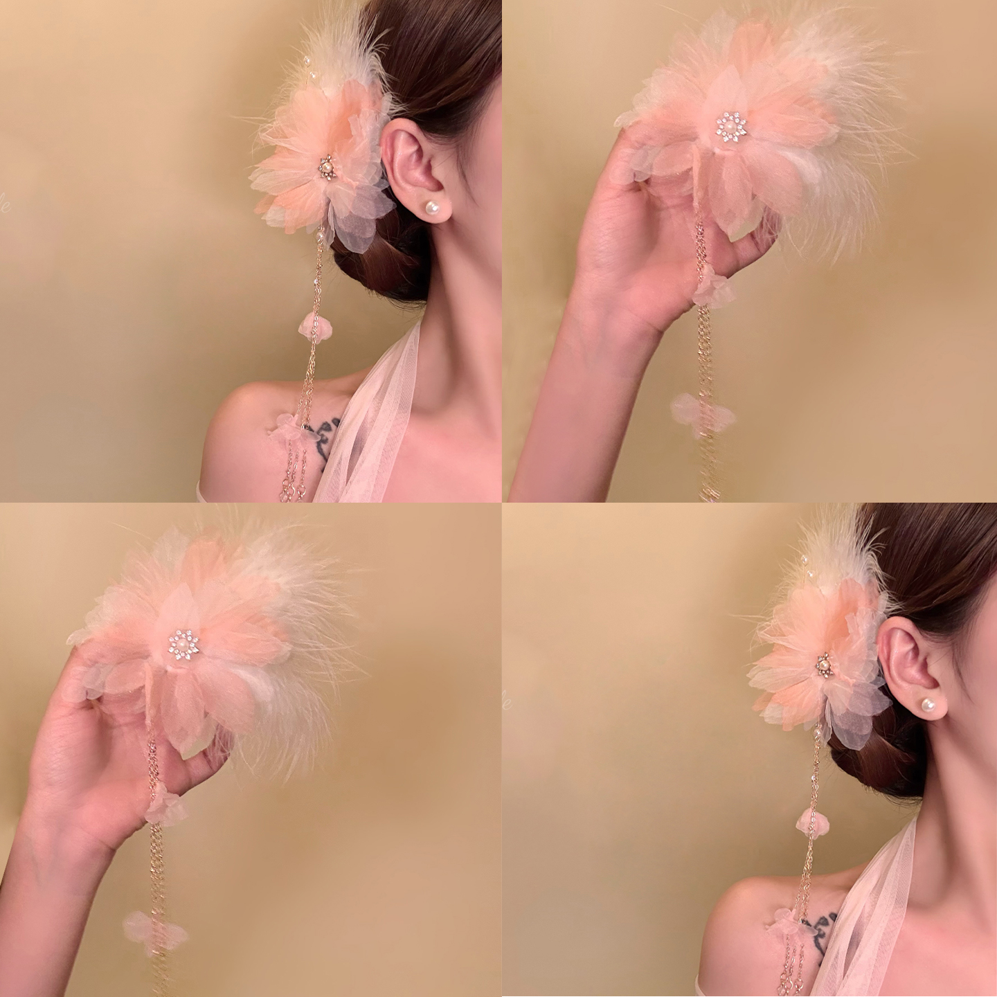 「花雾」超仙粉色羽毛花朵侧边夹
