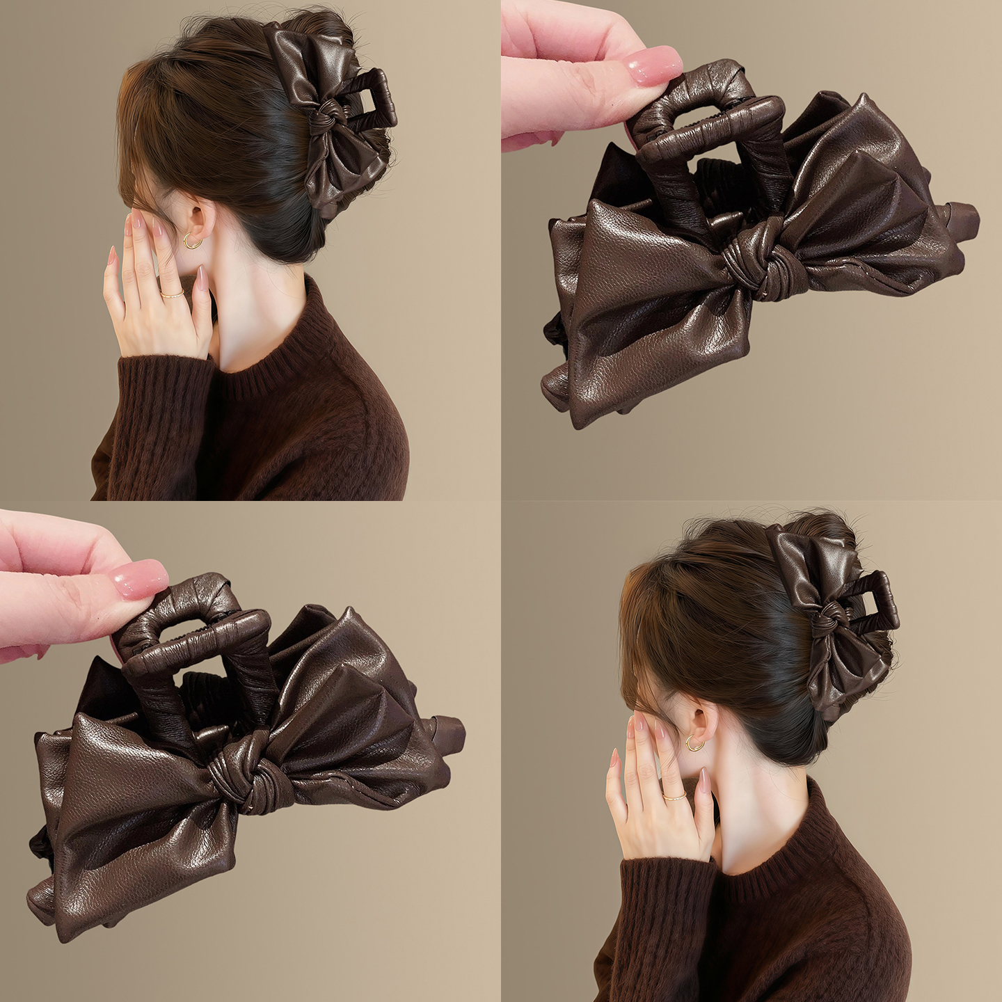 「咖啡皮克」韩系ins皮质发夹蝴蝶结大号抓夹港风设计鲨鱼夹头饰