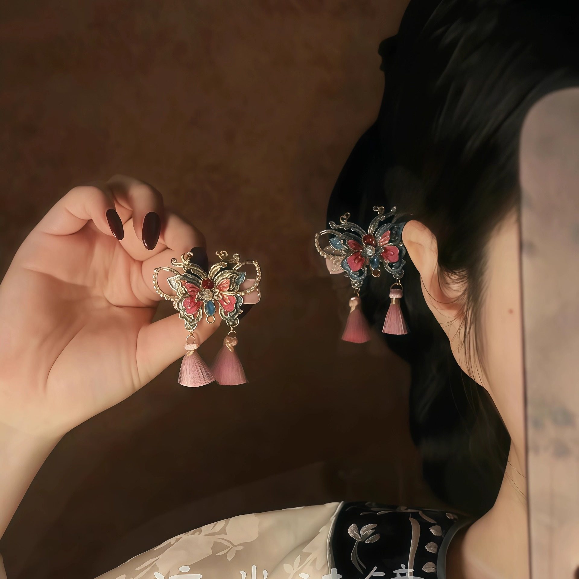 「双栖蝶」中式烧蓝蝴蝶流苏发夹图片
