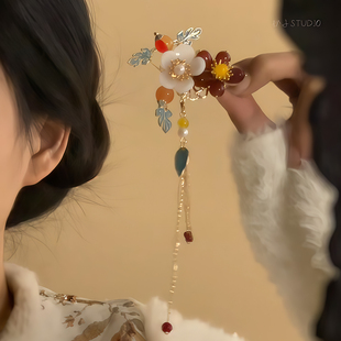 云鬓簪｜新中式烧蓝花朵流苏发夹复古民族风旗袍盘发侧边夹新品女