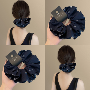 南法格调~复古藏青色褶皱荷叶边双层发圈优雅小碎花马尾头绳盘发