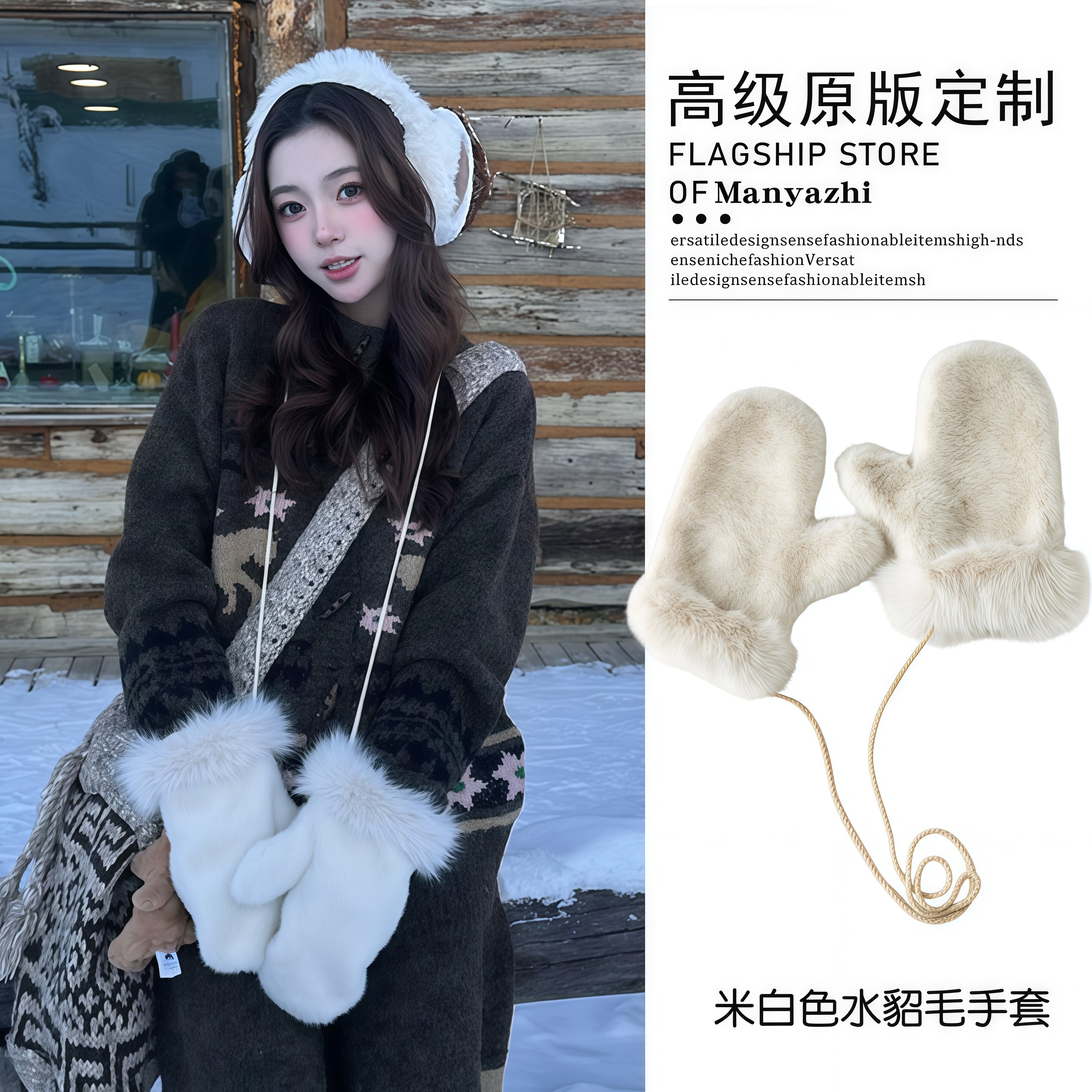 韩系米白色毛茸茸手套水貂毛连指手套挂脖女秋冬保暖毛绒纯色护手,服饰配件/皮带/帽子/围巾,手套,淘宝优惠券,粉丝福利购,淘宝优惠卷