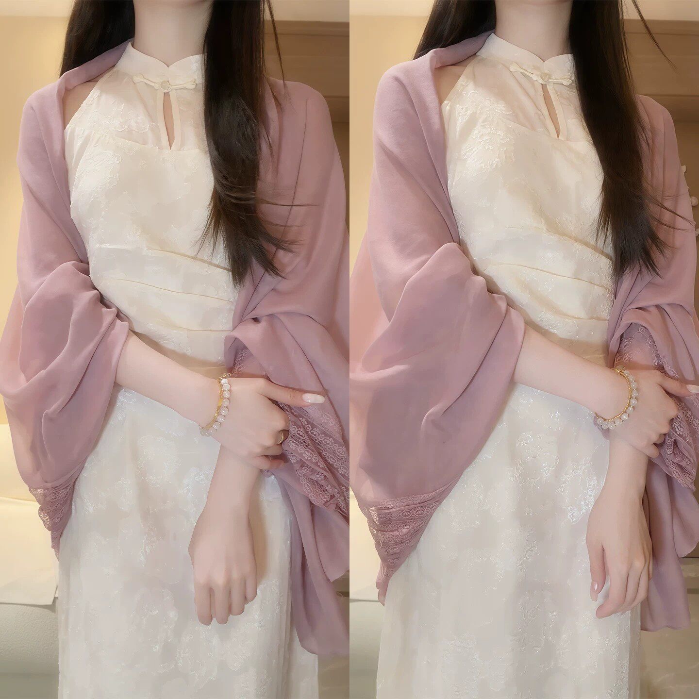 温柔紫蕾丝花朵披肩棉麻薄款文艺风旗袍裙子遮阳防晒围巾2026新款