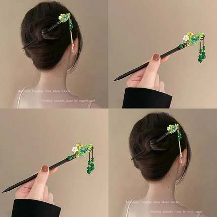 精致高级！绿色平安扣发簪！女宫廷风木质簪子古风高级感汉服发饰