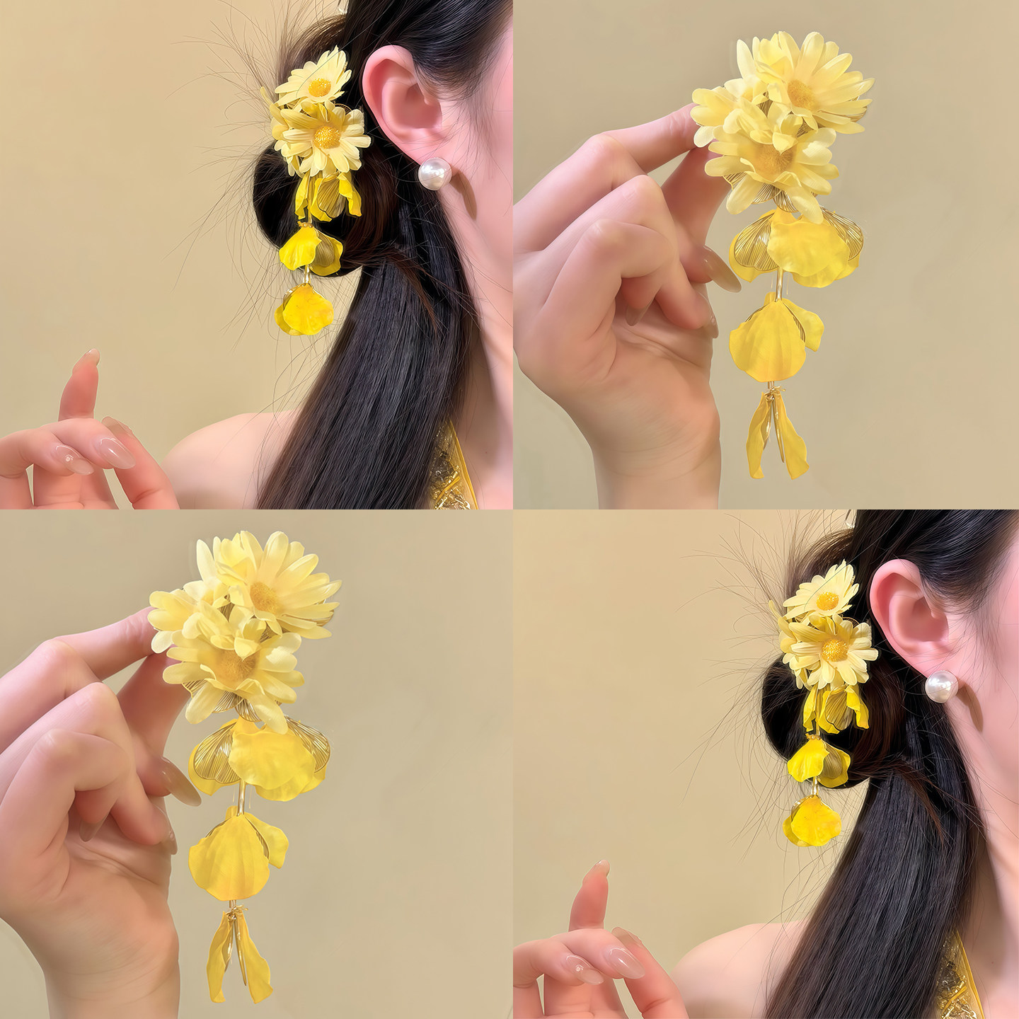 黄盏沐光~氛围感黄花朵流苏发夹