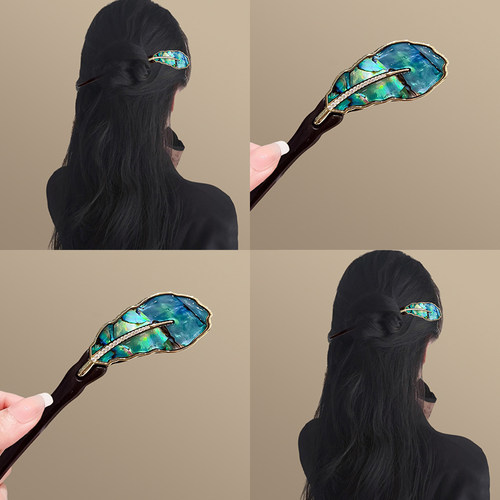 湖泊绿！黑檀木贝母扇发簪