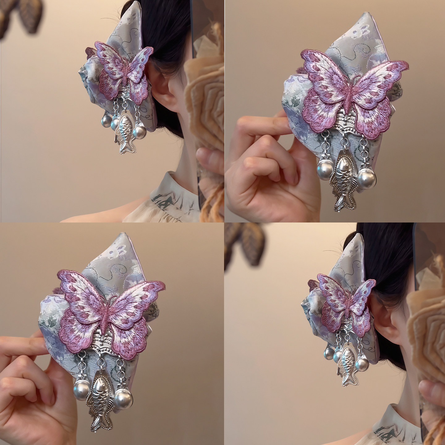 「闲蝶伴鱼」刺绣紫色蝴蝶抓夹