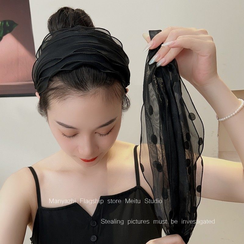 黑色宽边发箍女网红新款波点欧根纱发卡加宽遮盖白发带齿防滑头箍