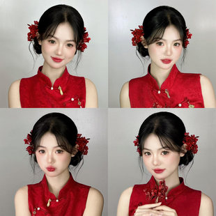 新中式永生花迎客豆新娘头饰拍照写真结婚干花发饰新品搭旗袍配饰