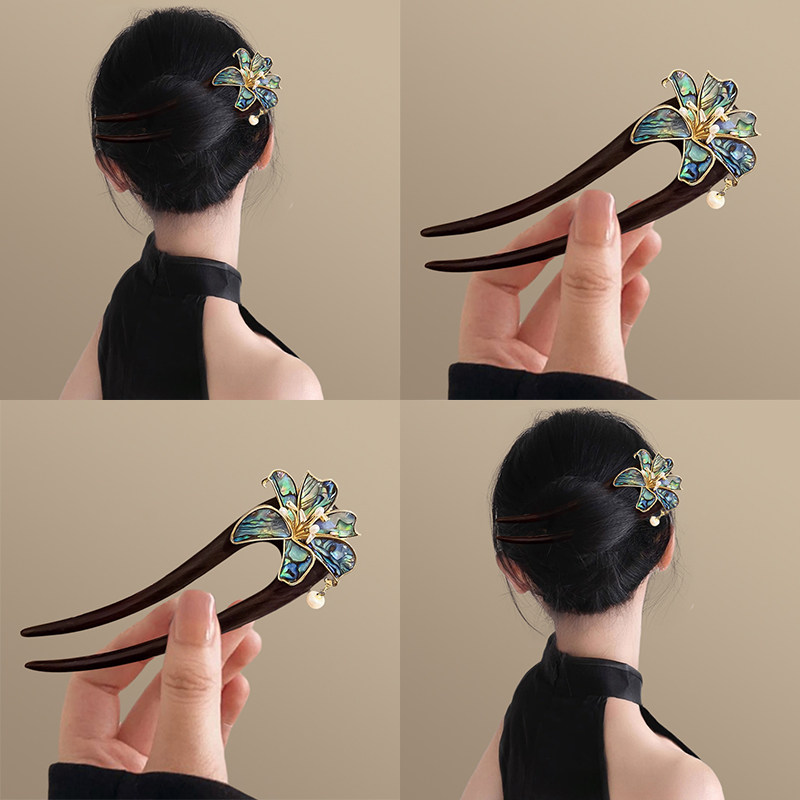 詩韻墨香！黑檀木U型雙釵發簪