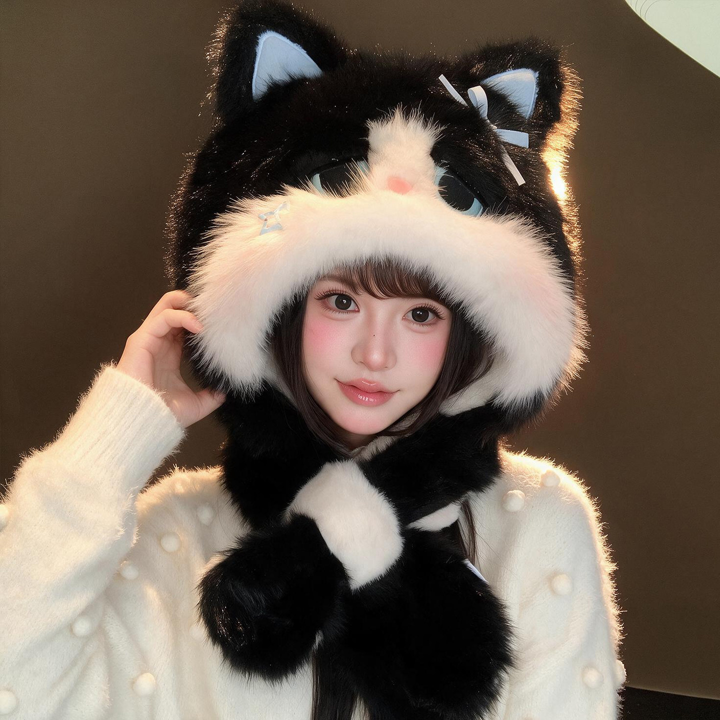可爱黑白毛绒立体猫耳朵帽子围巾