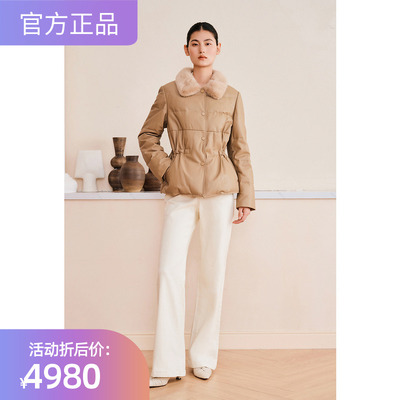 YINER音儿2024冬新款水貂毛翻领绵羊皮收腰真皮羽绒服8C65109026