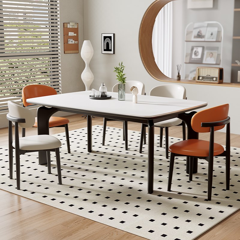 法式复古岩板实木餐桌椅组合黑色现代简约家用小户型长方形吃饭桌