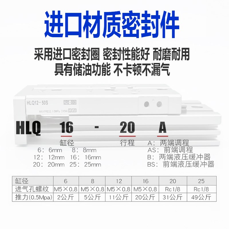 亚德客HLQ导轨滑台气缸HLQL6/8/12/16/20-10X30X50X100SA可调螺钉