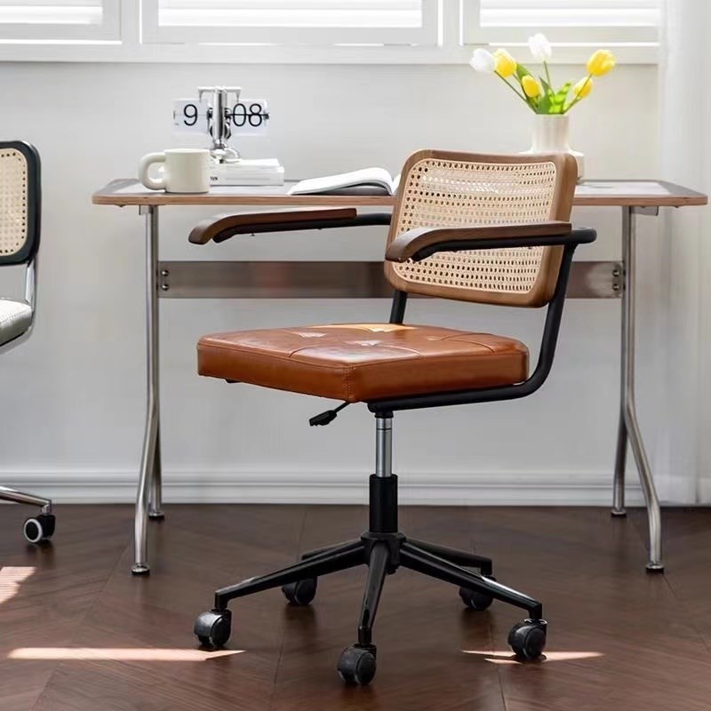 电脑椅家用藤编复古靠背椅子可移动升降商用学公椅书房休闲椅