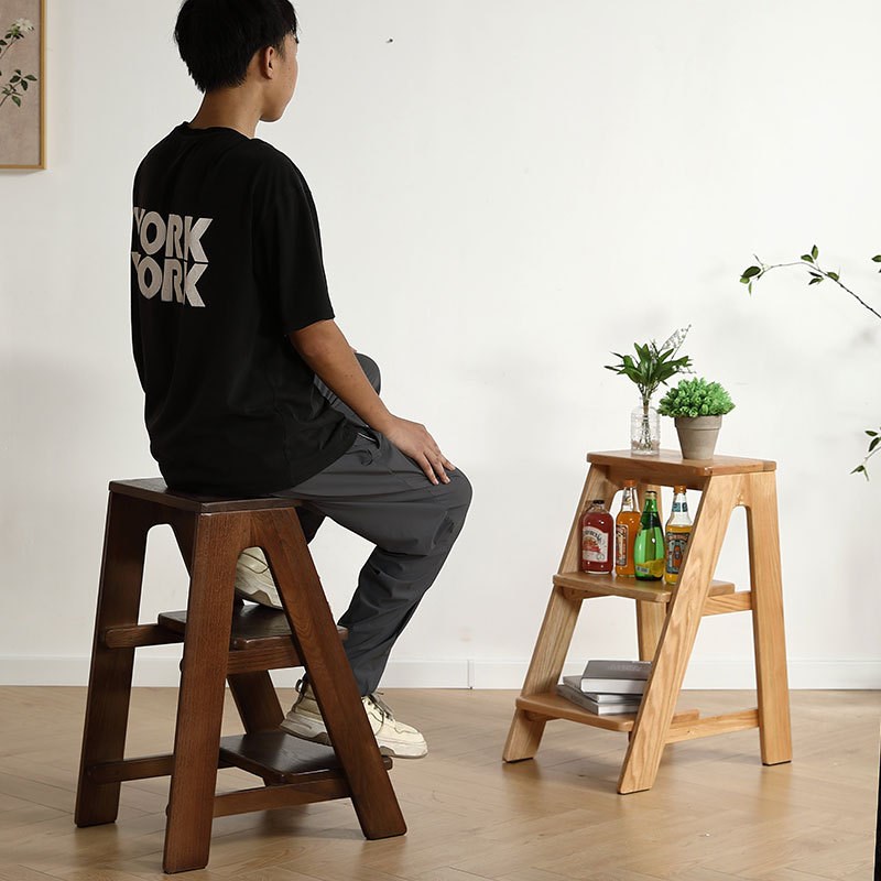 全实木梯原木踏脚凳餐厅凳子橡木吧台椅厨房凳家用凳高凳子餐凳