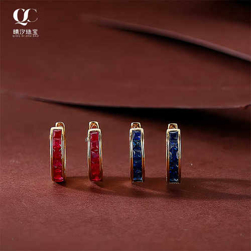 经典百搭红蓝宝石耳圈通勤时尚