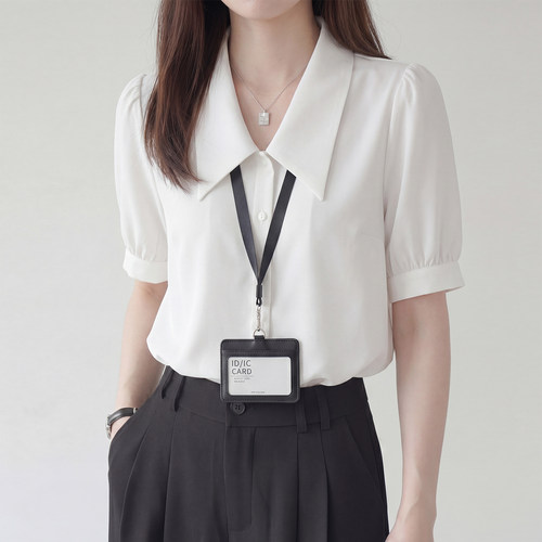 法式白色尖领衬衫女夏季新款高级感通勤职业面试气质短袖正肩上衣